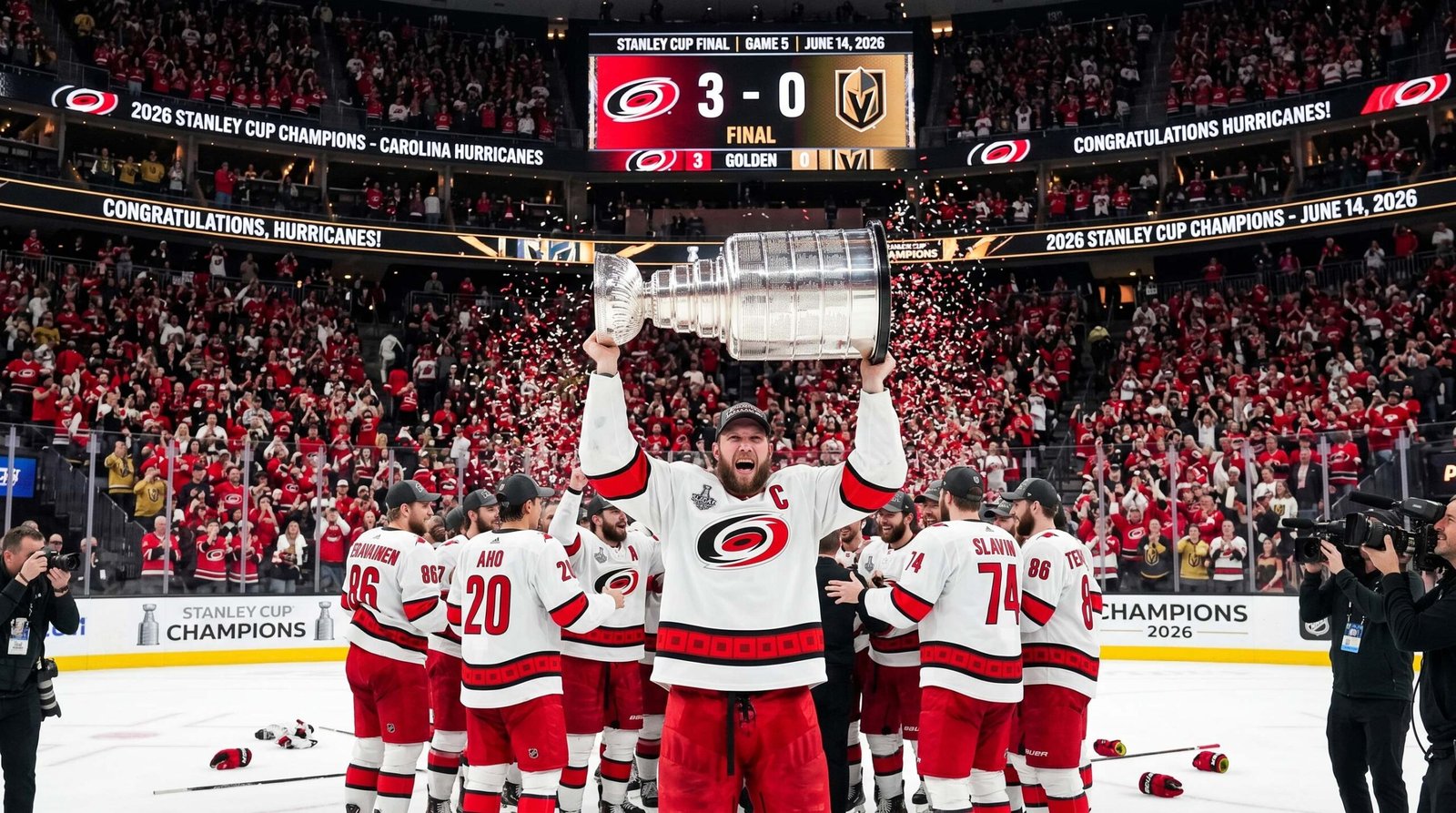 Carolina Hurricanes lifting the Stanley Cup on June 14, 2026, after defeating the Vegas Golden Knights
